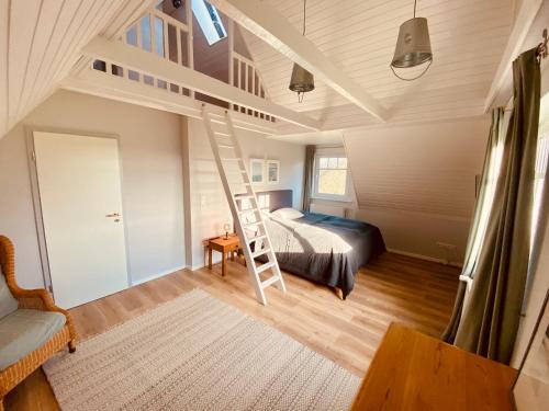 a bedroom with a bunk bed and a ladder at Hof Goosend - Urlaub an der Ostsee & Schlei in Gelting