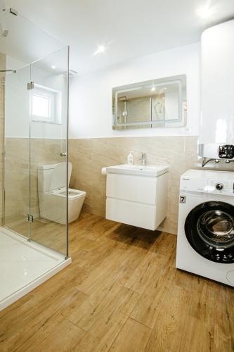 a bathroom with a sink and a washing machine at Ostoja Jaworskie in Stryszawa