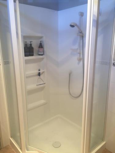 ein Bad mit einer Dusche und einer Glastür in der Unterkunft Kingsley Quarters in Cambridge