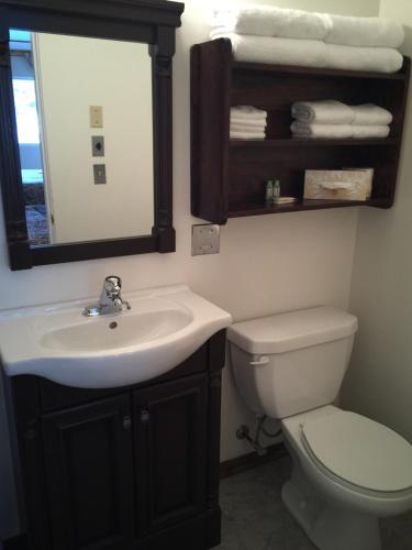ein Badezimmer mit einem Waschbecken, einem WC und einem Spiegel in der Unterkunft Piccadilly Motel in Radium Hot Springs