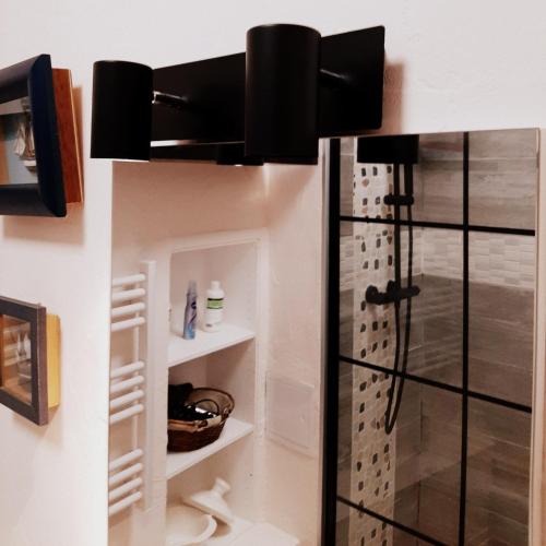 une salle de bain avec une douche avec une porte vitrée dans l'établissement Les Clefs de la Liberté, à Colmar