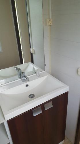 une salle de bain avec un lavabo blanc et un miroir dans l'établissement Camping La Dune Blanche - Daly's home, à Camiers