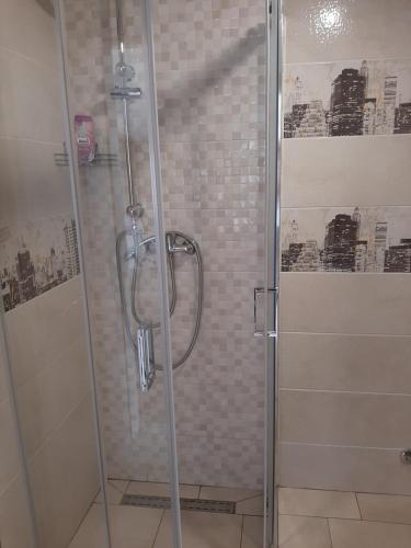 a shower with a glass door in a bathroom at Red Rose Apartment in Portorož