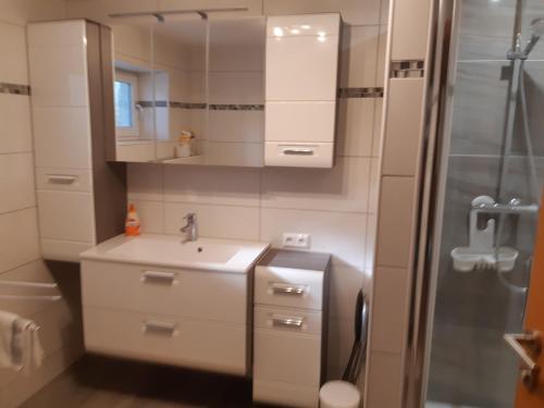mała łazienka z umywalką i prysznicem w obiekcie Ferienhaus Aussicht Gleichenberg w mieście Bad Gleichenberg