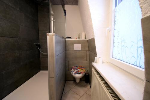 a small bathroom with a toilet and a window at Ferienwohnung Haus Willi in Freinsheim