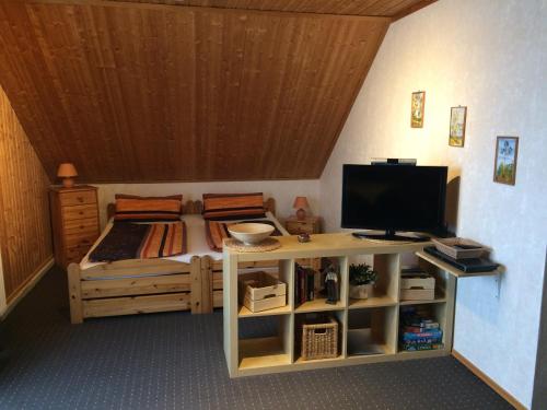 グラール・ミューリッツにあるApartment An der Büdnereiのベッドルーム(ベッド1台、テーブル上のテレビ付)