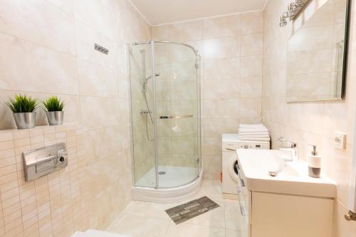 e bagno con doccia, servizi igienici e lavandino. di Apartament 5k Nautica Szczecin a Stettino