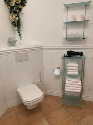 a bathroom with a toilet and a shelf with towels at Wagner Häusl in Saalbach-Hinterglemm