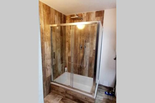a shower with a glass door in a bathroom at Chalupa u Kolčavy in Volenice