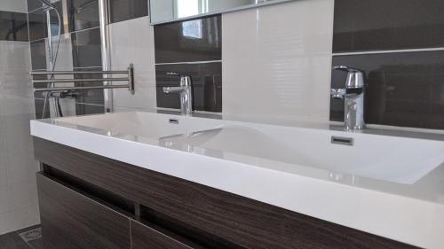 a bathroom with a white sink and a mirror at Chalet Op De Veluwe # Berk in Putten