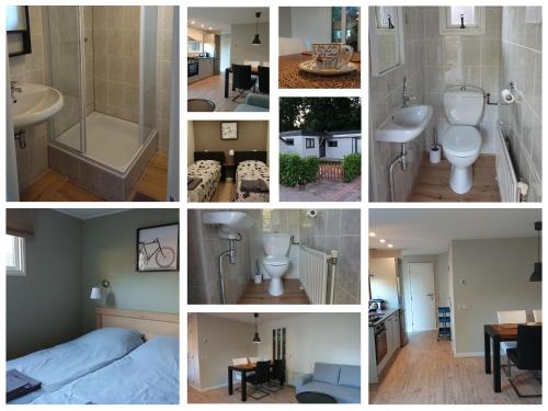 un collage de photos d'une salle de bains avec toilettes et lavabo dans l'établissement Chalet Op De Veluwe # Beuk, à Putten