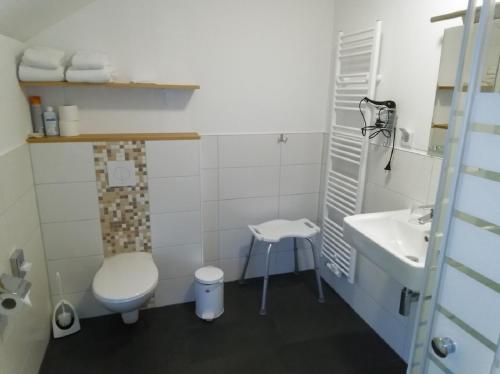 a bathroom with a toilet and a sink at Pension-Fürstenberghavel Sans Rival in Fürstenberg-Havel