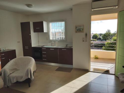 a kitchen with brown cabinets and a large window at Lecci St Cyprien Don Andria in Porto-Vecchio