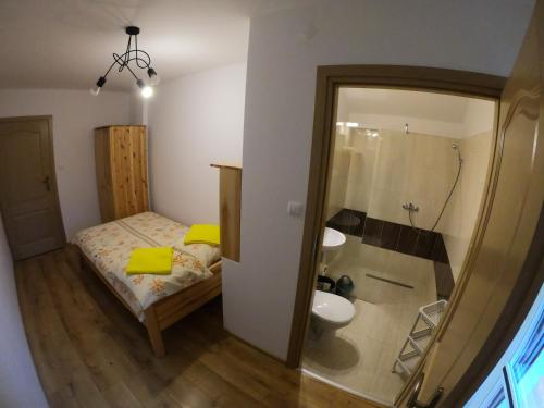 a bedroom with a bed and a sink and a shower at Sielski Zakątek in Cisna