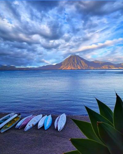 four surfboards lined up on the shore of a body of water at Hotel y Centro de Convenciones Jardines del Lago in Panajachel