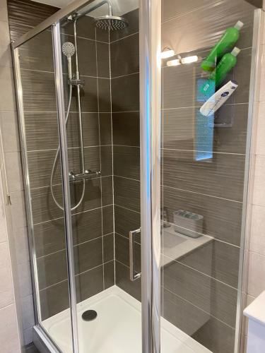 a shower with a glass door in a bathroom at The Nook Devon Square in Kingsbridge