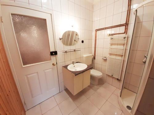 a bathroom with a sink and a toilet and a mirror at Mátra Wellness Vendégház in Parádsasvár