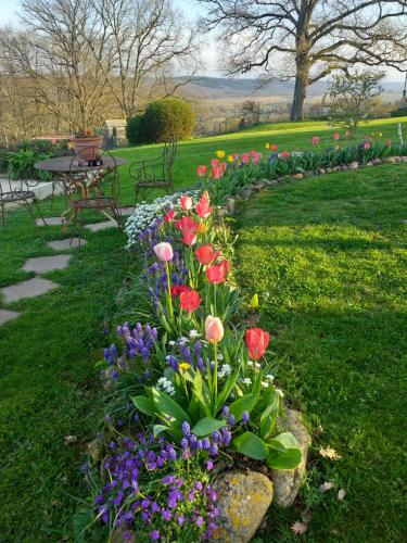 a garden of flowers in a park with a picnic table at le gite du CASTELBOSC in Hagedet