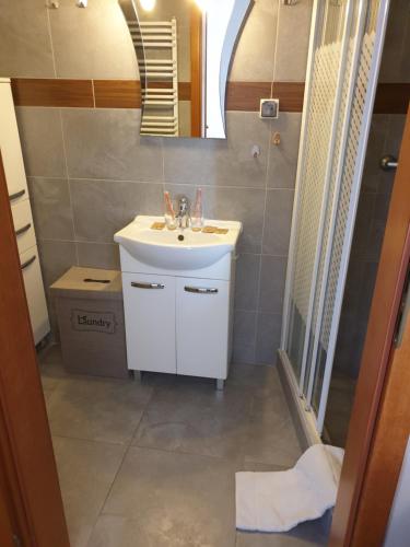 a bathroom with a white sink and a mirror at Apartamenty Donald in Krynica Morska