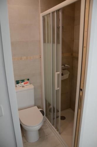une petite salle de bain avec toilettes et douche dans l'établissement T2 au calme avec clim 100 m plage, classé 2 étoiles, à Argelès-sur-Mer