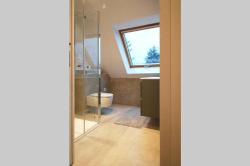 IttenheimにあるB&B jaune, Appartement indépendant, parking, wifi près de Strasbourgのバスルーム(ガラス張りのシャワー、シンク付)