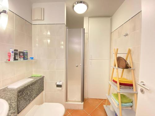 a bathroom with a shower and a toilet and a sink at Ferienwohnung Suedterrasse in Dewichow