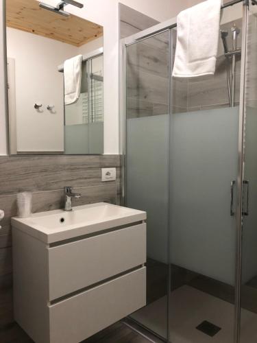 La salle de bains est pourvue d'un lavabo et d'une douche. dans l'établissement Appartamenti la muraca, à Capizzone