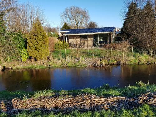 a house with a pond in front of it at Beachbungalow Park Iselmar 39 aan Ijsselmeer bungalow 26 in Lemmer