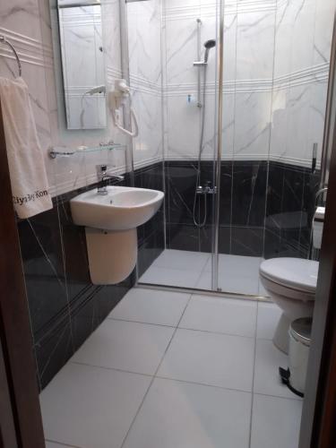 a bathroom with a shower and a sink and a toilet at Ziyagil Konağı in Amasya