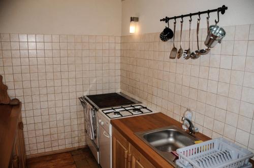 a small kitchen with a sink and a stove at Gorska hiška Vogar nad Bohinjskim jezerom in Bohinj