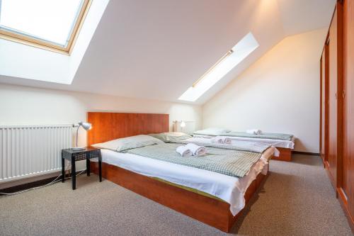 a attic bedroom with two beds and a skylight at Apartmán Lípa-Lipno in Lipno nad Vltavou