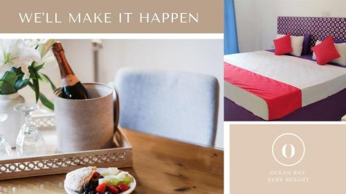 un collage de un dormitorio con cama y un bol de fruta en Ocean Bay Surf Resort Weligama, en Weligama