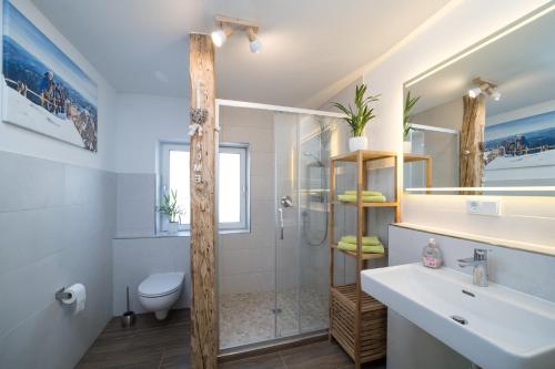 a bathroom with a glass shower and a sink at Ferienwohnung Zwölferkante in Grainau