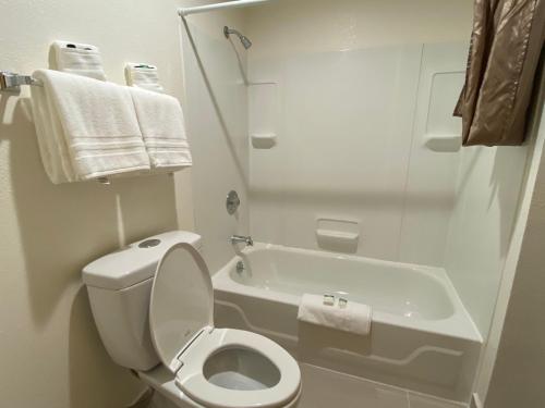 a white bathroom with a toilet and a bath tub at Eagle Hotel in Palmer