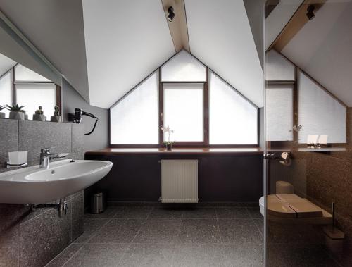 uma casa de banho com um lavatório e 2 janelas em Hotel Riders Equides club em Lesniki