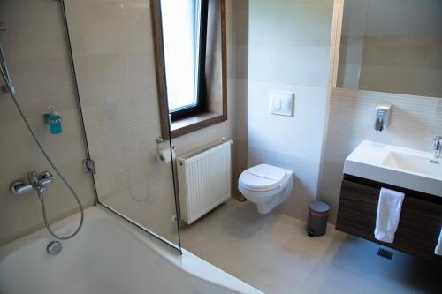 a bathroom with a shower and a toilet and a sink at Mirage Resort & Spa in Vişeu de Sus