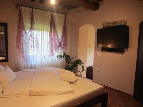 a bedroom with a bed with a tv on the wall at Tenuta Seripa in Sassetta