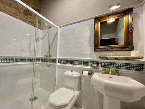 a bathroom with a toilet and a sink and a shower at MendiGoikoa Bekoa in Axpe