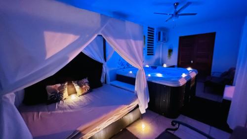 a bedroom with a bed with a mosquito net at Private Oasis with Jacuzzi and Cabana Pet Friendly in San Juan