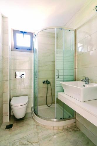 a bathroom with a shower and a toilet and a sink at Casa Malena in Stalís