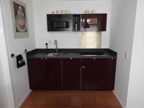 a kitchen with a sink and a microwave at Appartement de Gouw in Noordgouwe