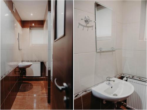 two pictures of a bathroom with a sink and a mirror at Apartamenty „Nad Popradem” in Rytro