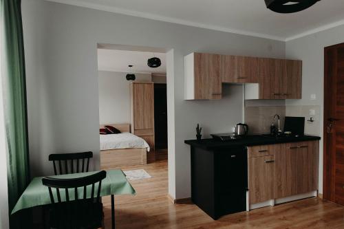 a kitchen with a sink and a table in a room at Apartamenty „Nad Popradem” in Rytro