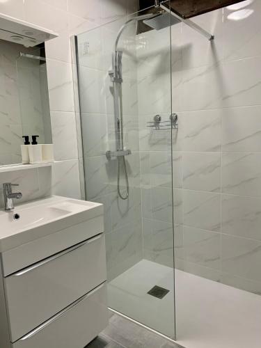 La salle de bains blanche est pourvue d'une douche et d'un lavabo. dans l'établissement Appartement les Bleuets - Centre ville de Saumur, à Saumur