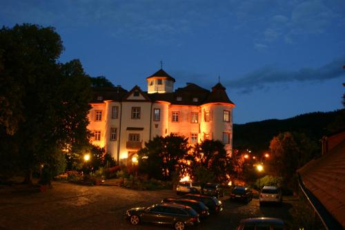 un grand bâtiment avec des voitures garées dans un parking dans l'établissement Hotel Residenz im Schloss Neuweier, à Baden-Baden