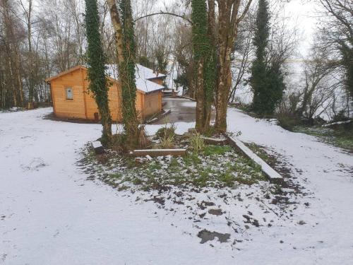 a cabin in the snow next to some trees at Log cabin on the lake - Sleeps 4 & jacuzzi in Portroe