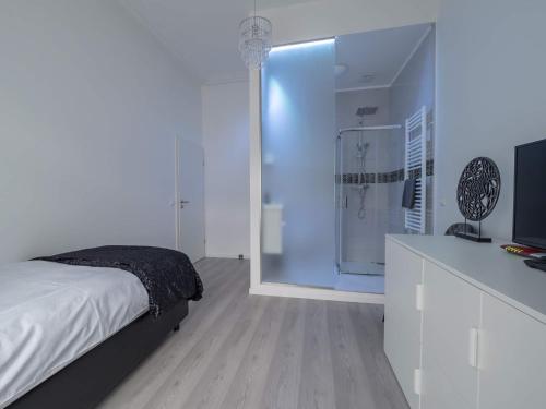 a bedroom with a shower and a bed and a television at EXECUTIVE SINGLE ROOM WITH EN-SUITE in GUEST HOUSE CITY CENTRE in Luxembourg