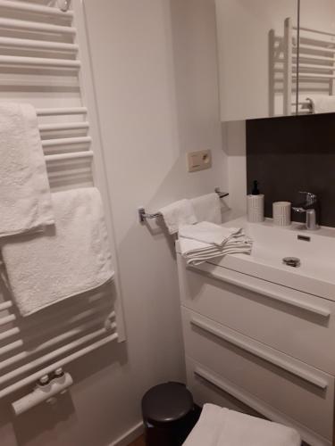 La salle de bains blanche est pourvue d'un lavabo et d'un miroir. dans l'établissement Studio La Rotonde, à Waterloo