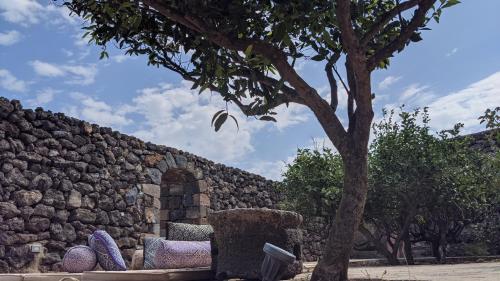 a stone wall with a chair and a tree at Horizon Pantelleria in Pantelleria