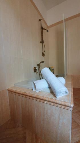 a bath tub with two towels on top of it at Comfort House in Pesaro